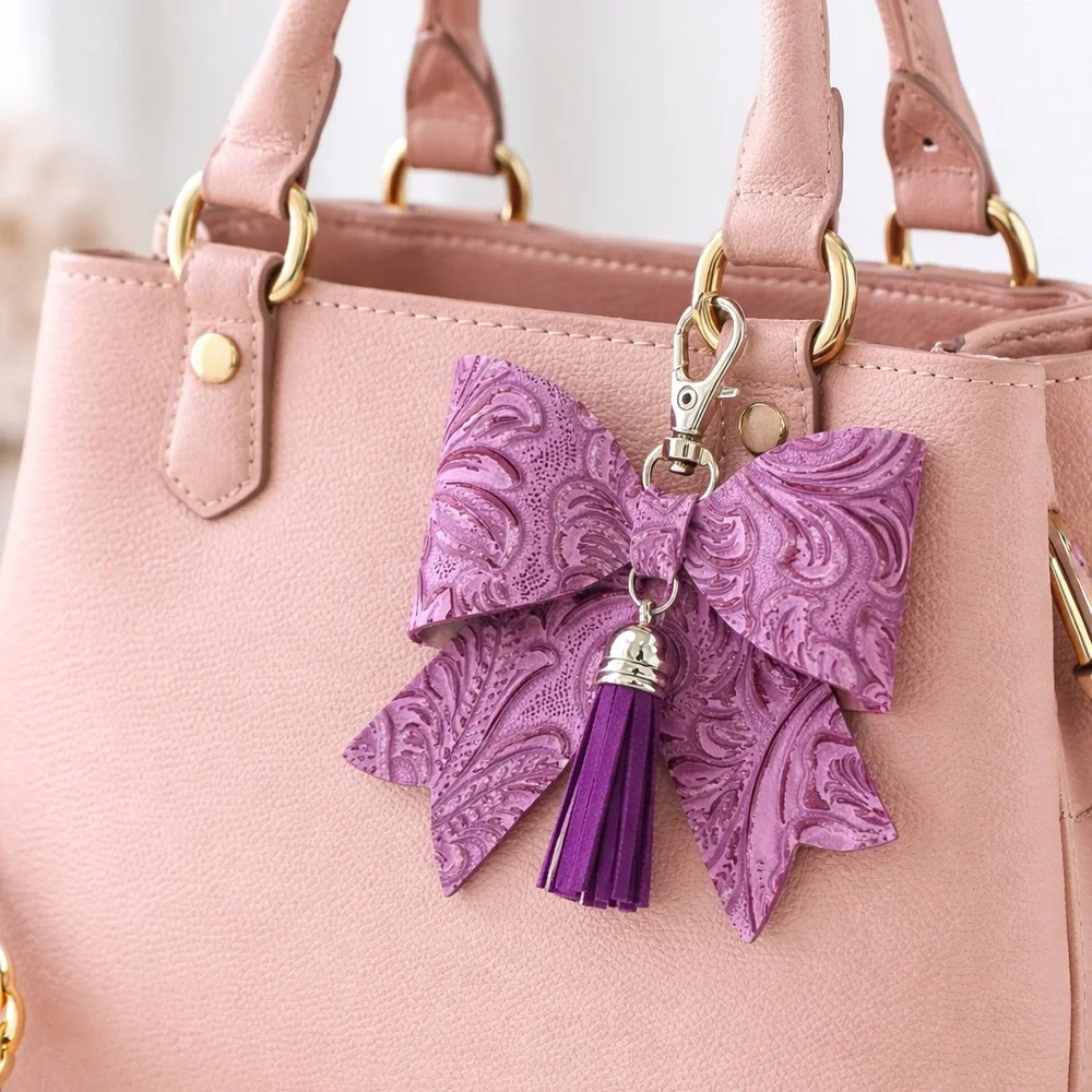 Purple Embossed Faux Leather and Tassel Bag Charm Key Chain